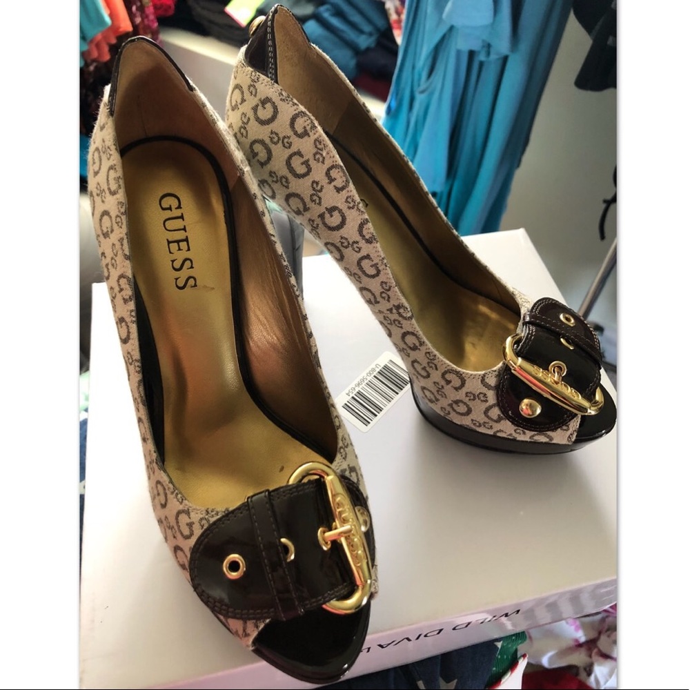 Guess Beige and Brown Heels with Gold Accents